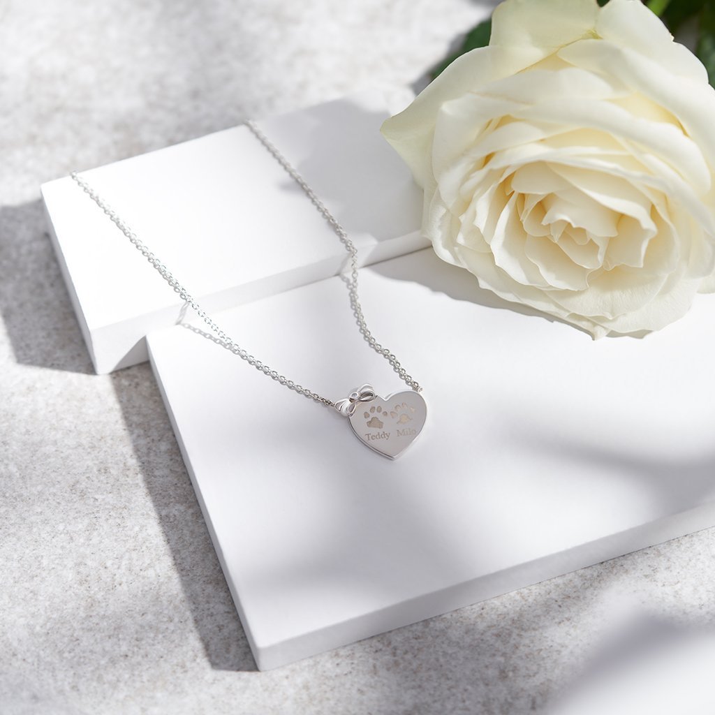 EverWith Engraved Heart and Bow Pawprint Memorial Necklace with Fine Crystal - EverWith Memorial Jewellery - Trade