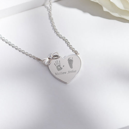 EverWith Engraved Heart and Bow Handprint or Footprint Necklace with Fine Crystal - EverWith Memorial Jewellery - Trade