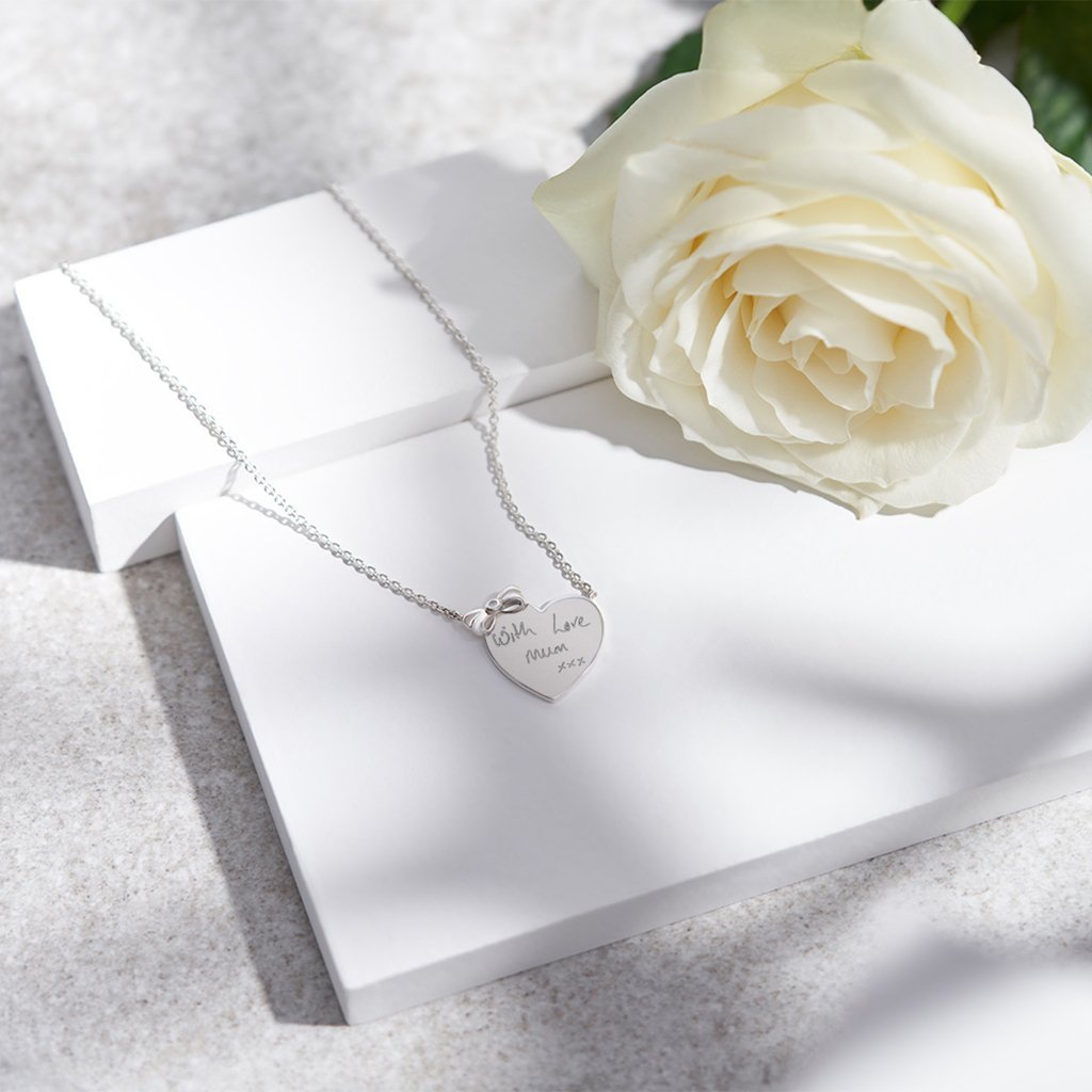 Load image into Gallery viewer, EverWith Engraved Heart and Bow Handwriting Memorial Necklace with Fine Crystal - EverWith Memorial Jewellery - Trade