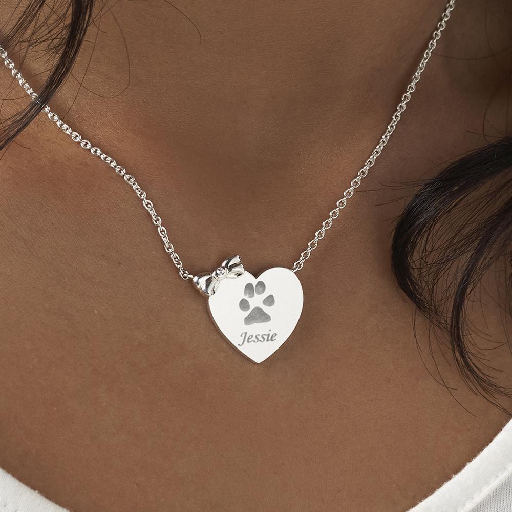 Load image into Gallery viewer, EverWith Engraved Heart and Bow Pawprint Memorial Necklace with Fine Crystal - EverWith Memorial Jewellery - Trade
