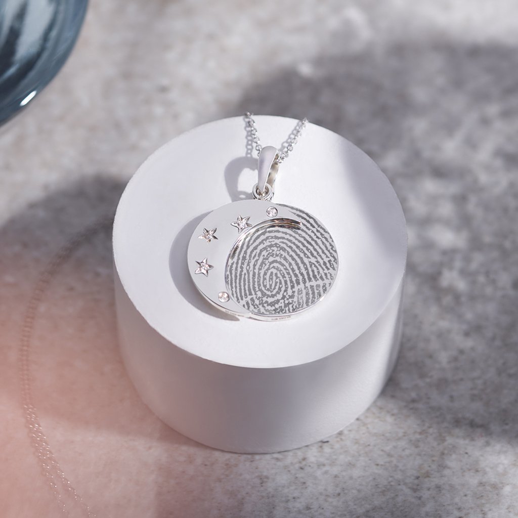 Load image into Gallery viewer, EverWith Engraved Moons Fingerprint Memorial Pendants with Fine Crystal - EverWith Memorial Jewellery - Trade