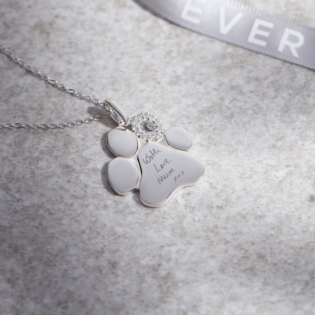 Load image into Gallery viewer, EverWith Engraved Paw Print Memorial Handwriting Pendant with Fine Crystals - EverWith Memorial Jewellery - Trade
