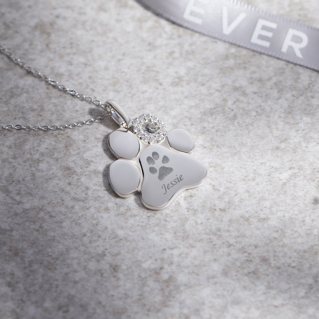EverWith Engraved Paw Print Memorial Pawprint Pendant with Fine Crystals - EverWith Memorial Jewellery - Trade