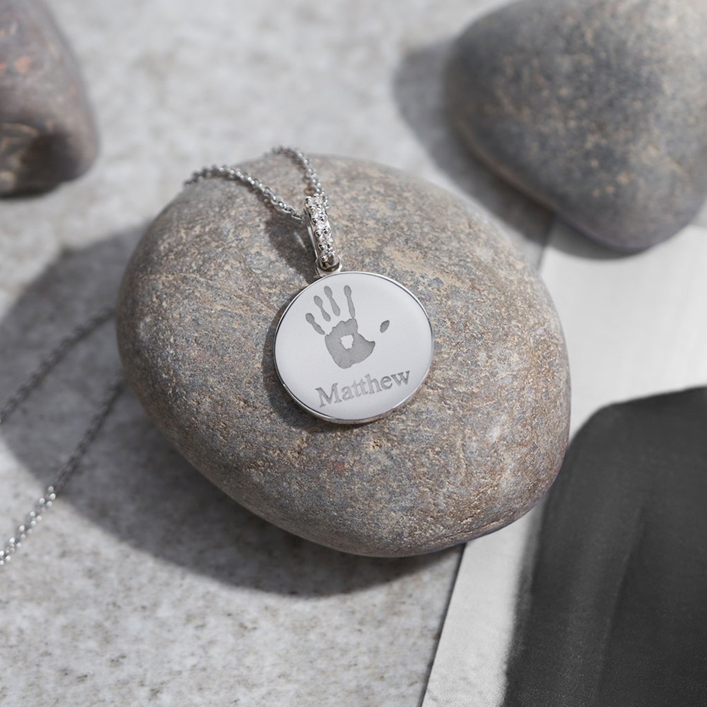 EverWith Engraved Round Memorial Handprint or Footprint Pendant with Fine Crystals - EverWith Memorial Jewellery - Trade
